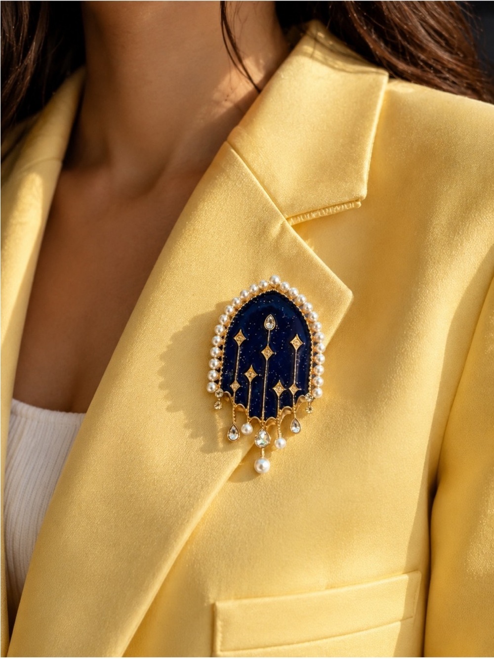 Victorian Blue 24 k Gold Plated Pearl Crystal Brooch new